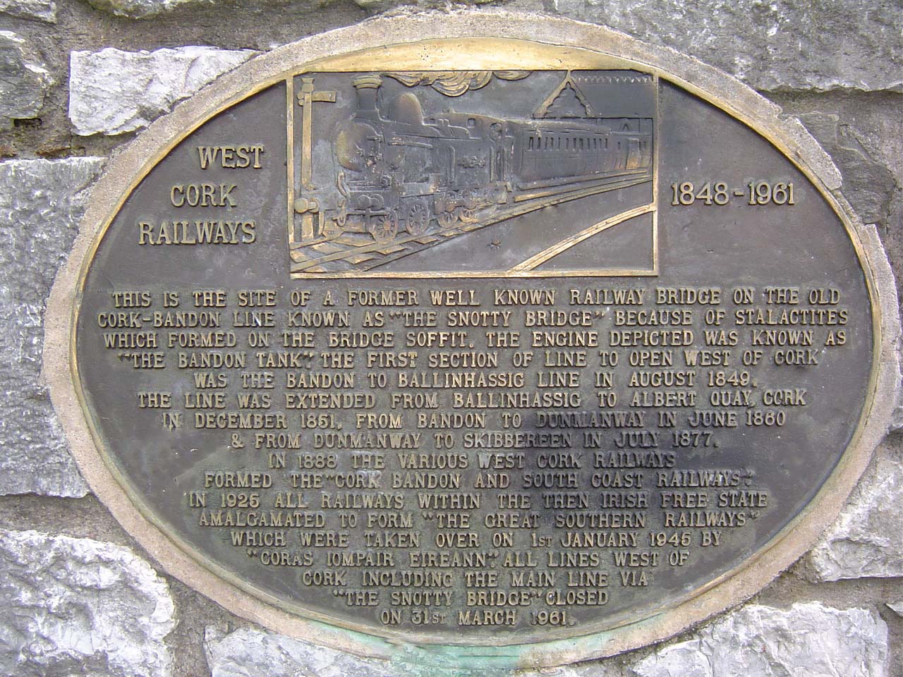 Commemorative Plaque to the 1848-1961 West Cork Railways: Cork City